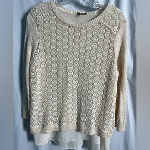 Lucky Brand women's Large Cream Knit 3/4 Sleeve Pullover Sweater Chiffon Accents